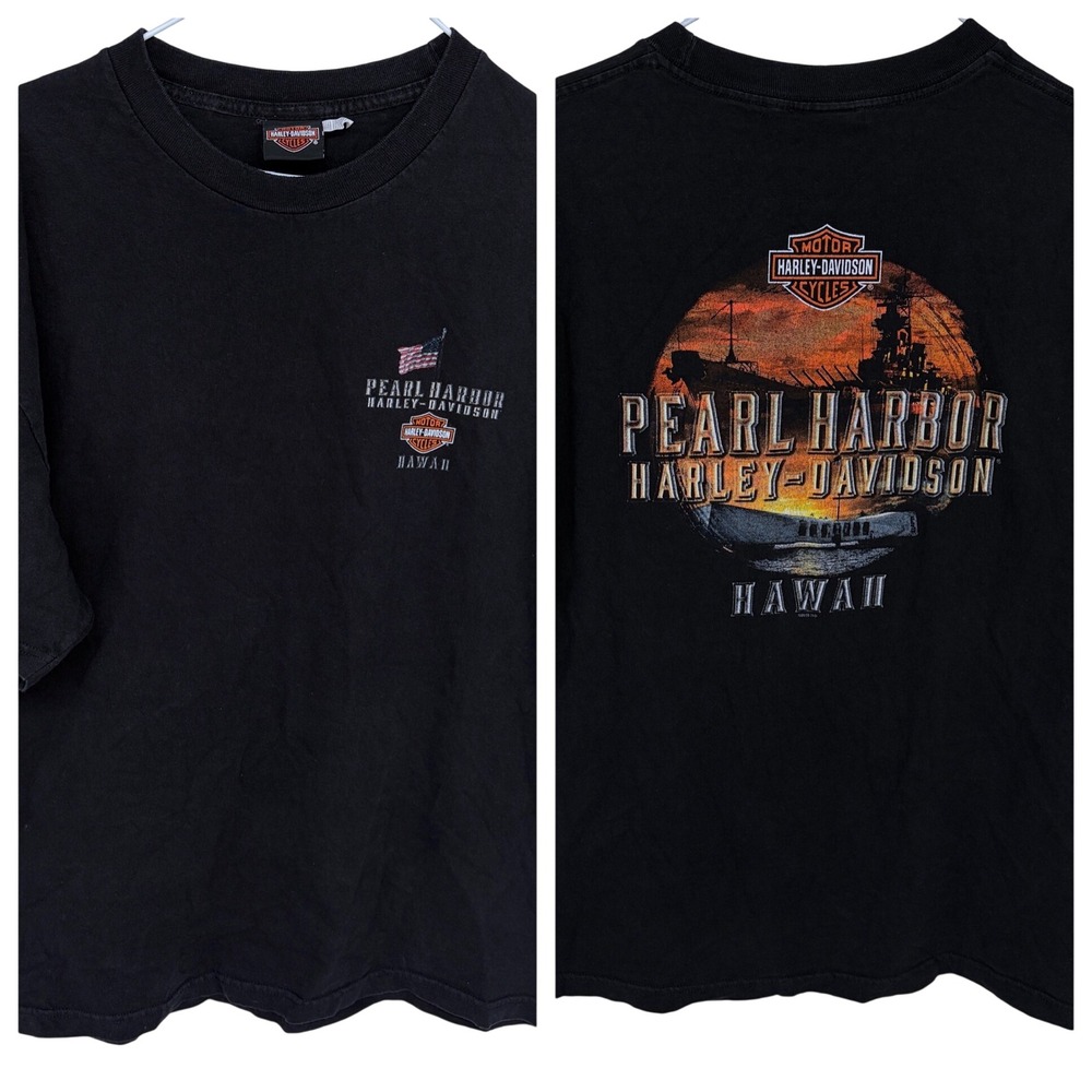 Harley Davidson Motorcycles Pearl Harbor Hawaii Graphic T‎ Shirt XL Biker Black